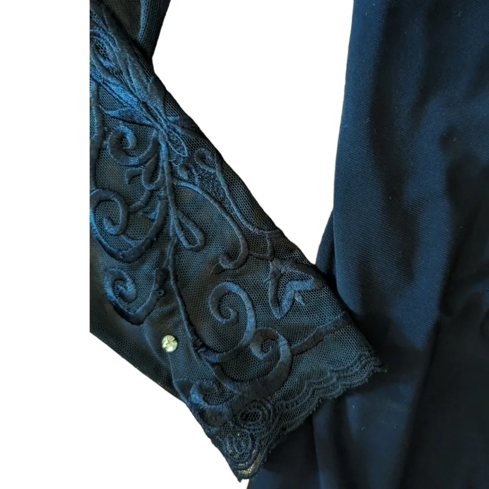 New XSCAPE navy Dress knit party dress illusion Lace neckline long sleeves sz 4 - Picture 5 of 11